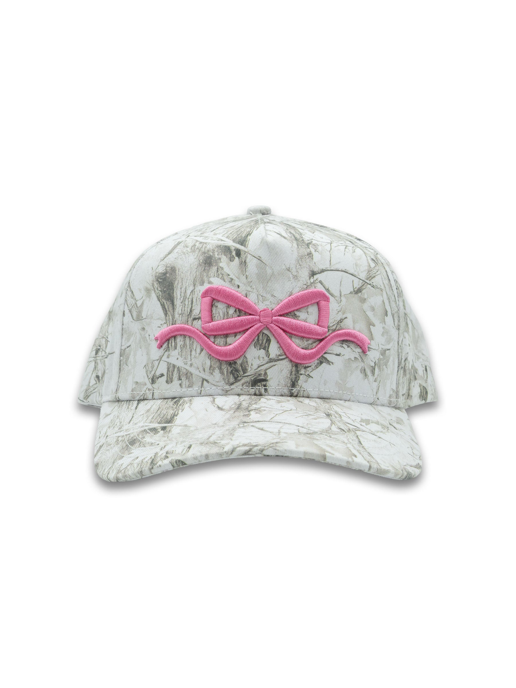 Camo-patterned cap with a pink bow design on a white background