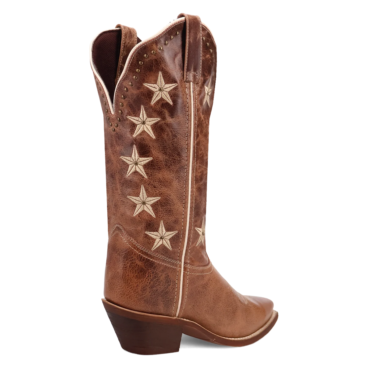 Brown cowboy boot with star patterns on a white background