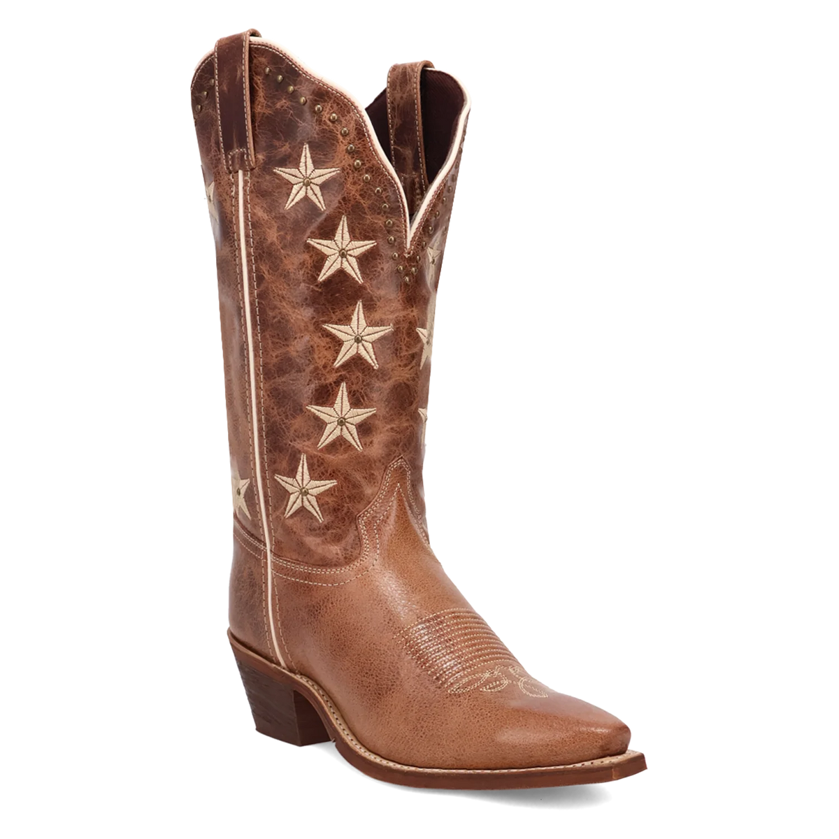 Brown cowboy boot with star patterns on a white background