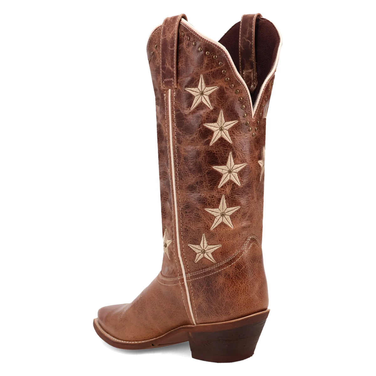 Brown cowboy boot with star patterns on a white background