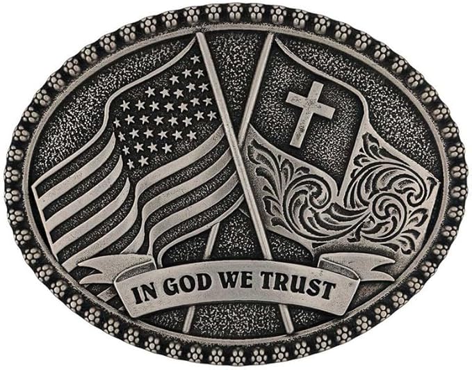 Belt buckle with American flag, cross, and 'In God We Trust' inscription on a white background
