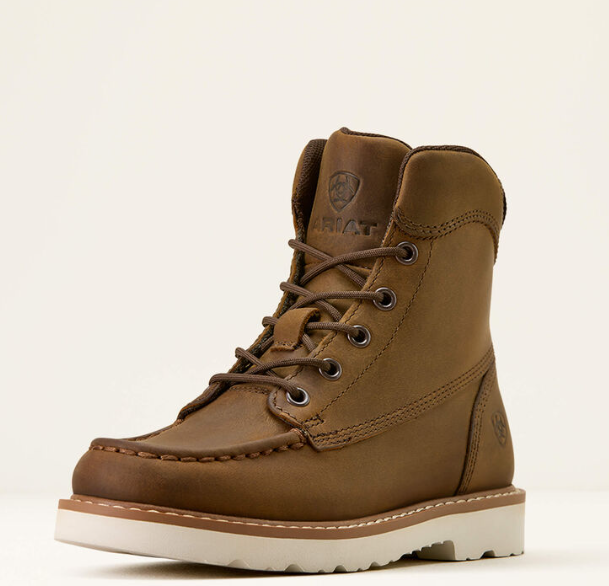A single brown leather lace-up boot with a thick white sole, shown from a three-quarters angle on a light beige background. The brand name 'Ariat' is embossed on the tongue and heel.