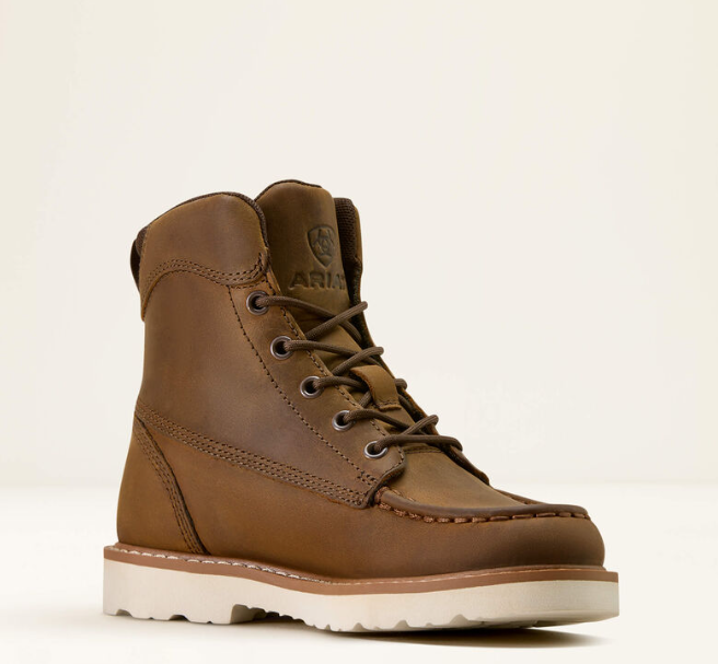 A brown leather lace-up boot with a thick white lug sole, shown from a side profile against a plain off-white background.