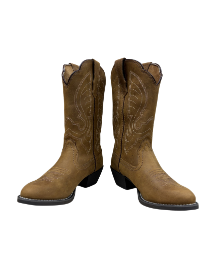 A pair of brown leather cowboy boots with western-style stitching, shown from the front against a plain white background.