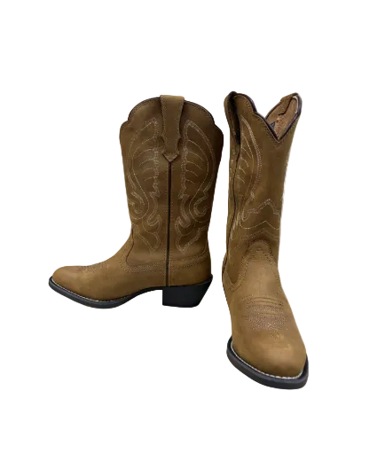 A pair of brown leather cowboy boots with western-style stitching, shown from the side and front angles against a white background with a purple border.