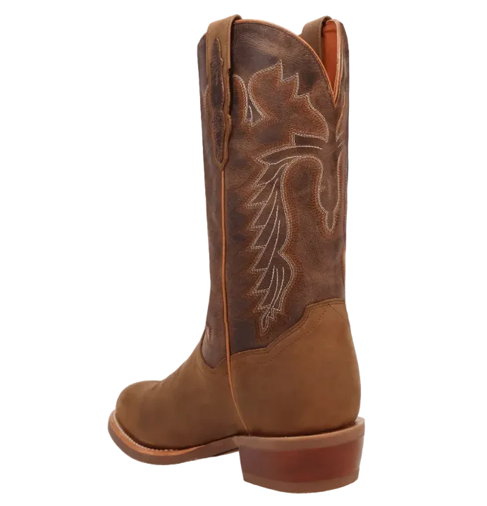A brown leather cowboy boot with decorative western embroidery on the shaft, shown from a rear three-quarter angle against a solid dark blue background.