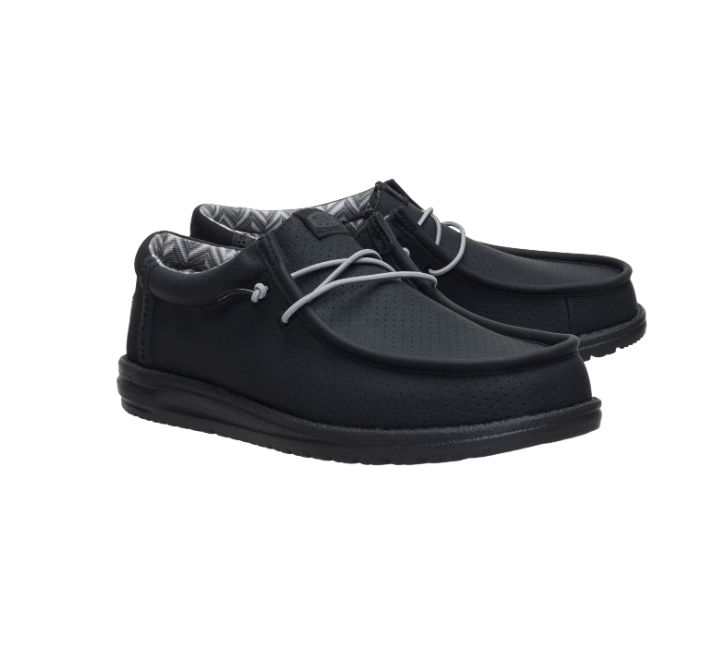 Black shoes with white laces on a white background