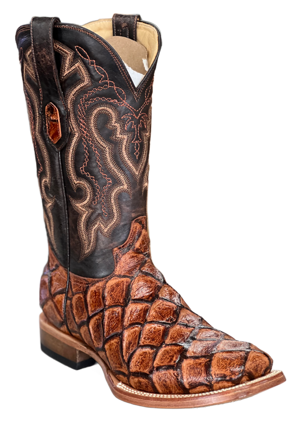 Cowtown Men's Fish Print SQ Toe- Cognac