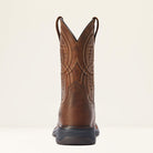 Brown cowboy boot with intricate design on a beige background