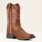 Brown cowboy boot with pink interior on a white background