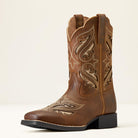 Brown cowboy boot with intricate stitching on a white background