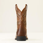 Brown cowboy boot with intricate design on a white background
