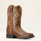 Brown cowboy boot with intricate designs on a beige background