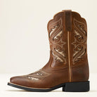 Brown cowboy boot with intricate leatherwork on a beige background