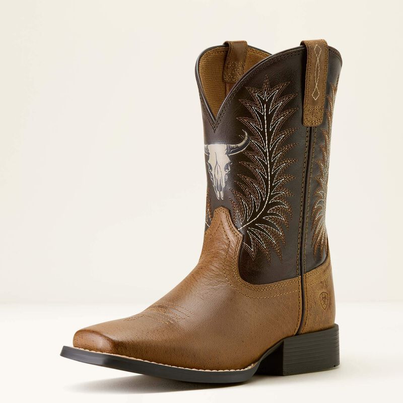Brown cowboy boot with intricate design on a white background