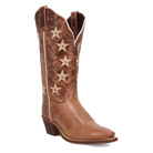 Brown cowboy boot with star patterns on a white background