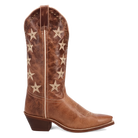 Brown cowboy boot with star patterns on a white background