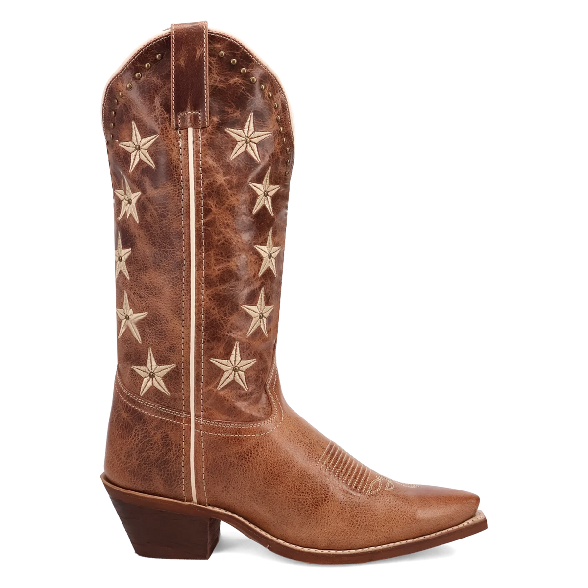 Brown cowboy boot with star patterns on a white background