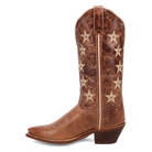 Brown cowboy boot with star patterns on a white background