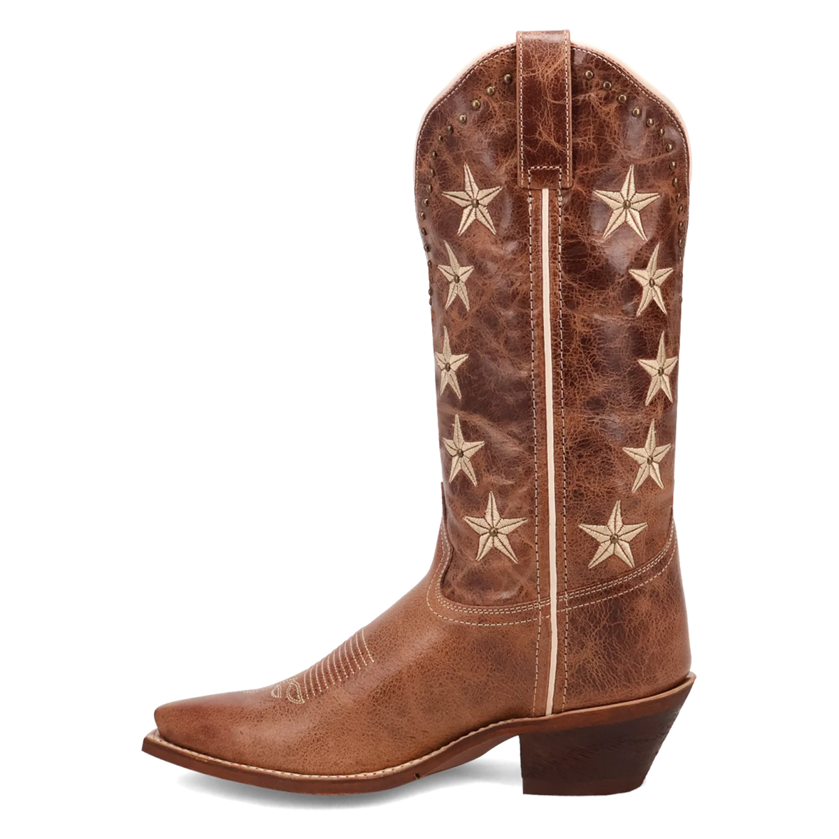 Brown cowboy boot with star patterns on a white background
