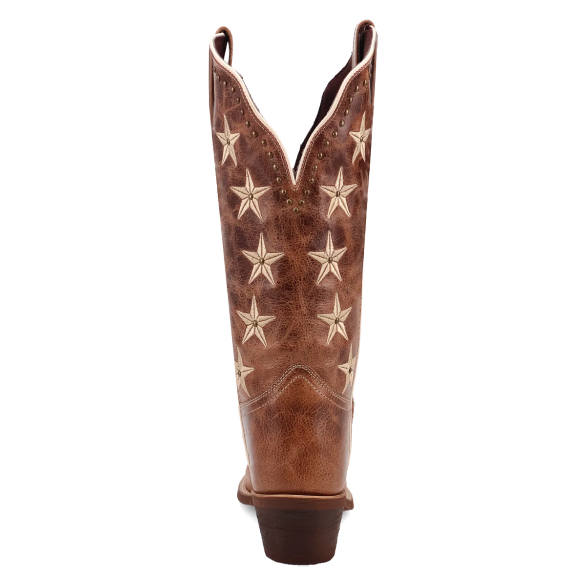 Brown cowboy boot with star patterns on a white background