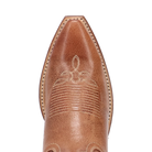 Close-up of a brown leather boot with intricate stitching on a white background