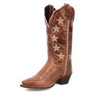 Brown cowboy boot with star patterns on a white background