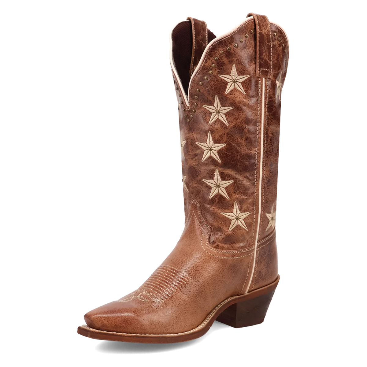 Brown cowboy boot with star patterns on a white background