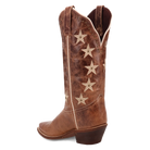 Brown cowboy boot with star patterns on a white background