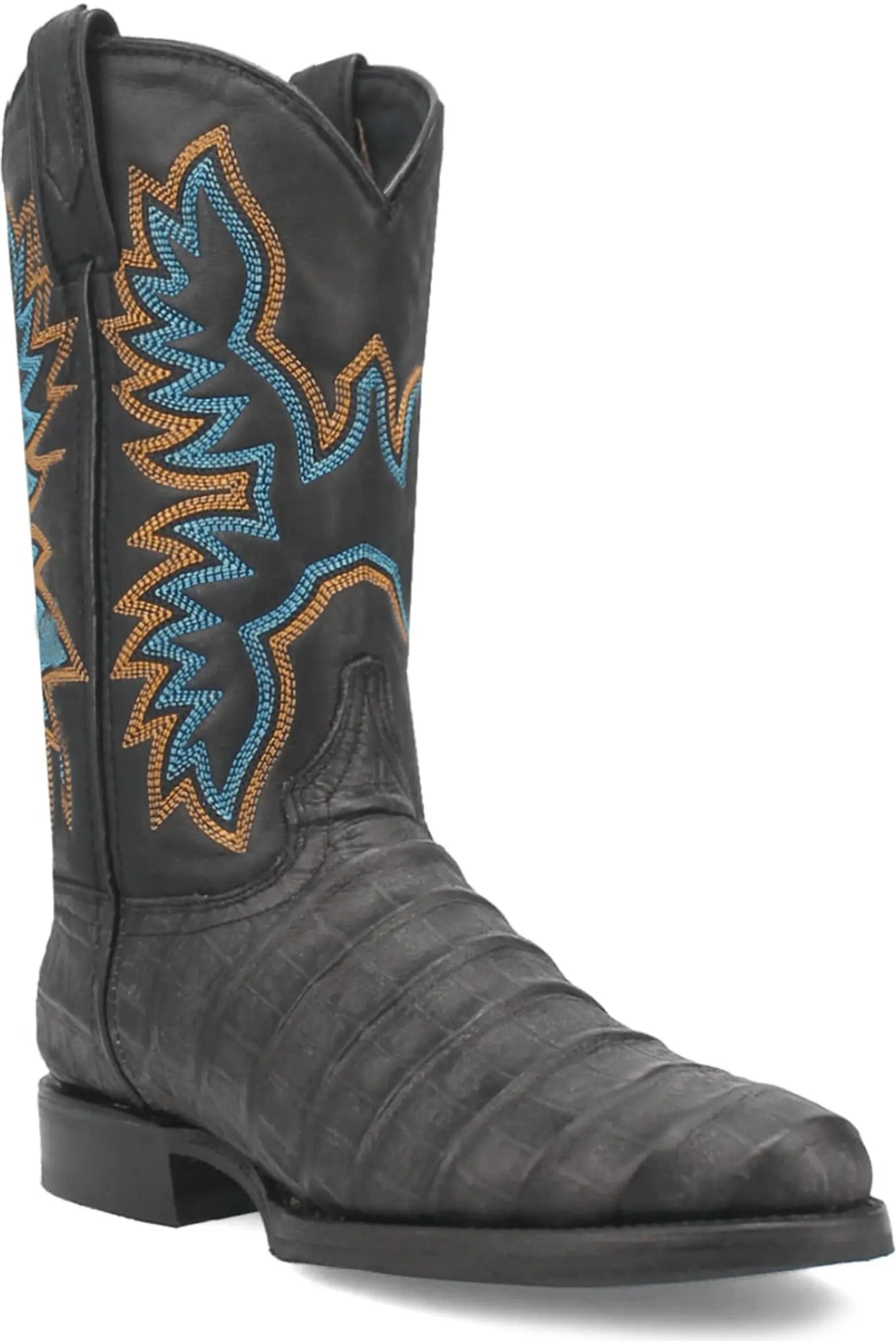 A single black western cowboy boot with textured leather and vibrant embroidered detailing in blue and orange on the shaft, shown against a plain white background.