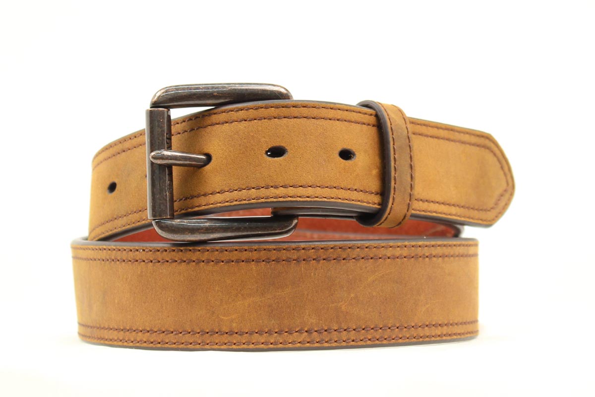 Brown leather belt with a silver buckle on a white background