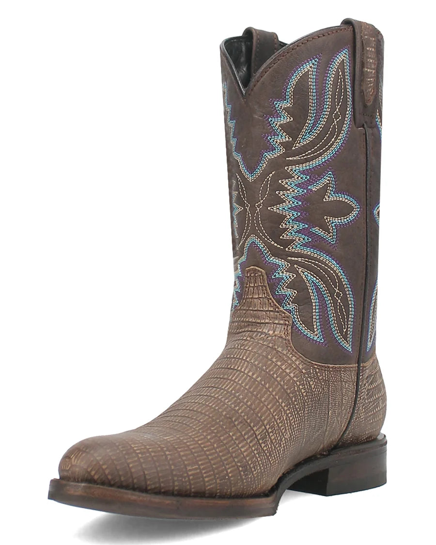 A brown western cowboy boot with a textured alligator-patterned lower shaft and leg, featuring blue and silver rhinestone embroidery on the shaft, shown against a plain white background.