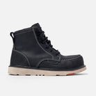 Black leather boot with beige sole on a white background