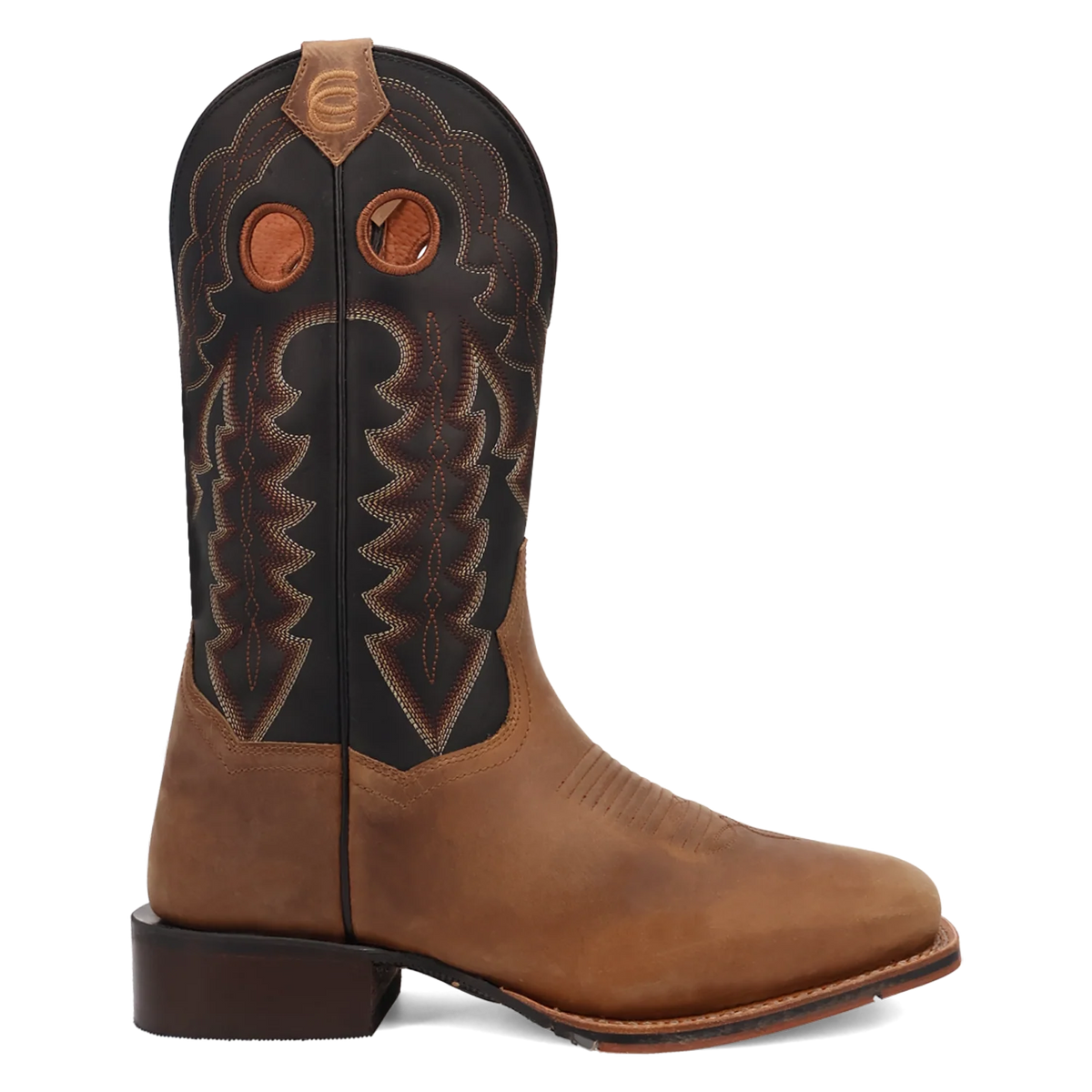 Brown cowboy boot with intricate stitching on a white background