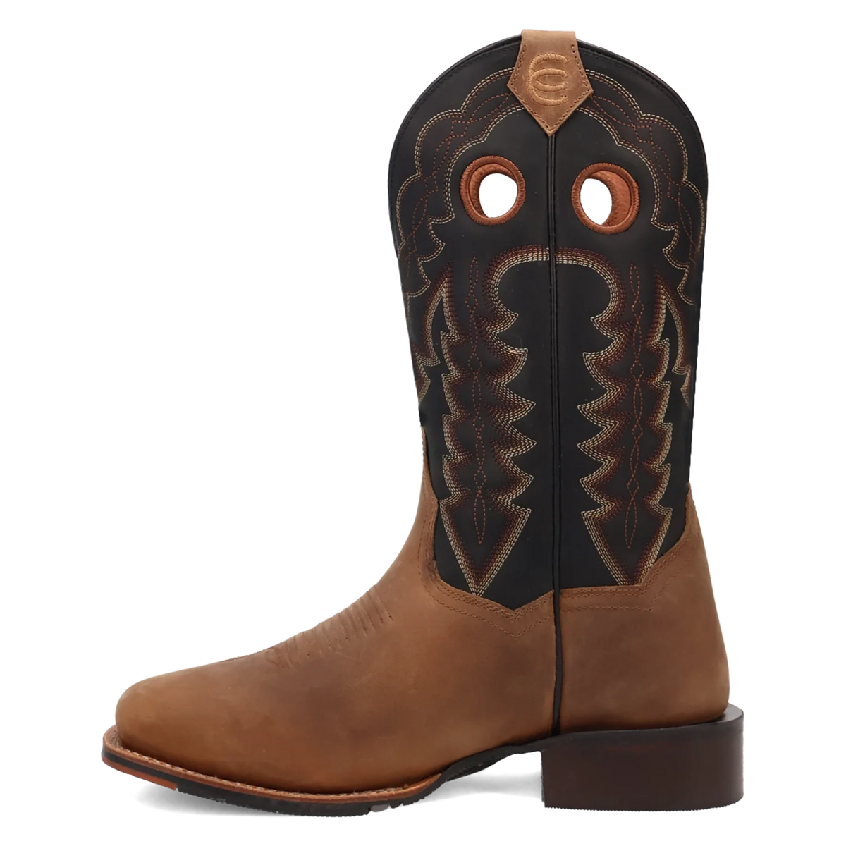 A single brown leather cowboy boot with a black shaft panel and tan western embroidery, shown in a side profile on a white background.