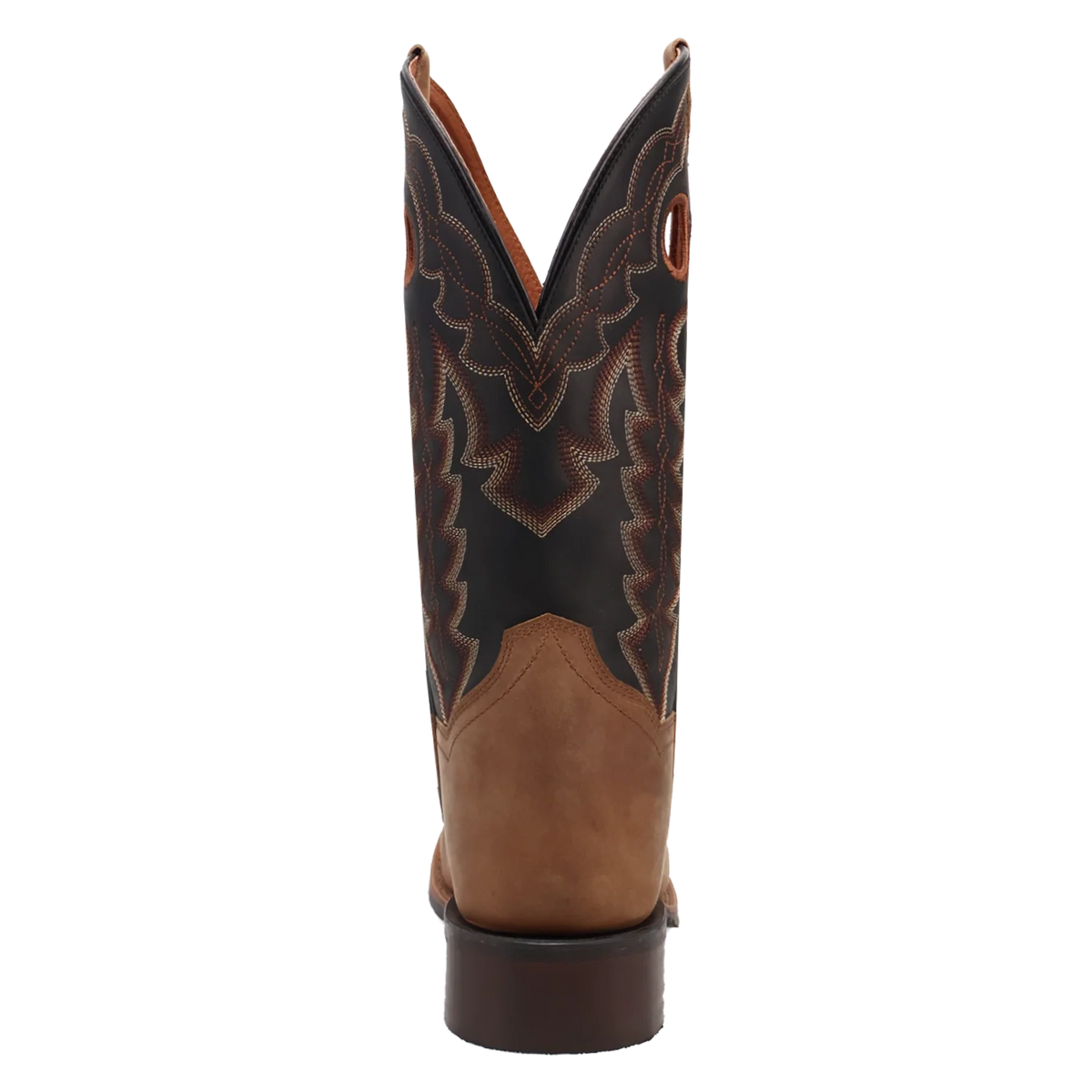 A single cowboy boot shown from the back on a plain white background. The boot features a tan leather lower section, a dark brown shaft with intricate western-style contrast stitching, and a dark brown heel.