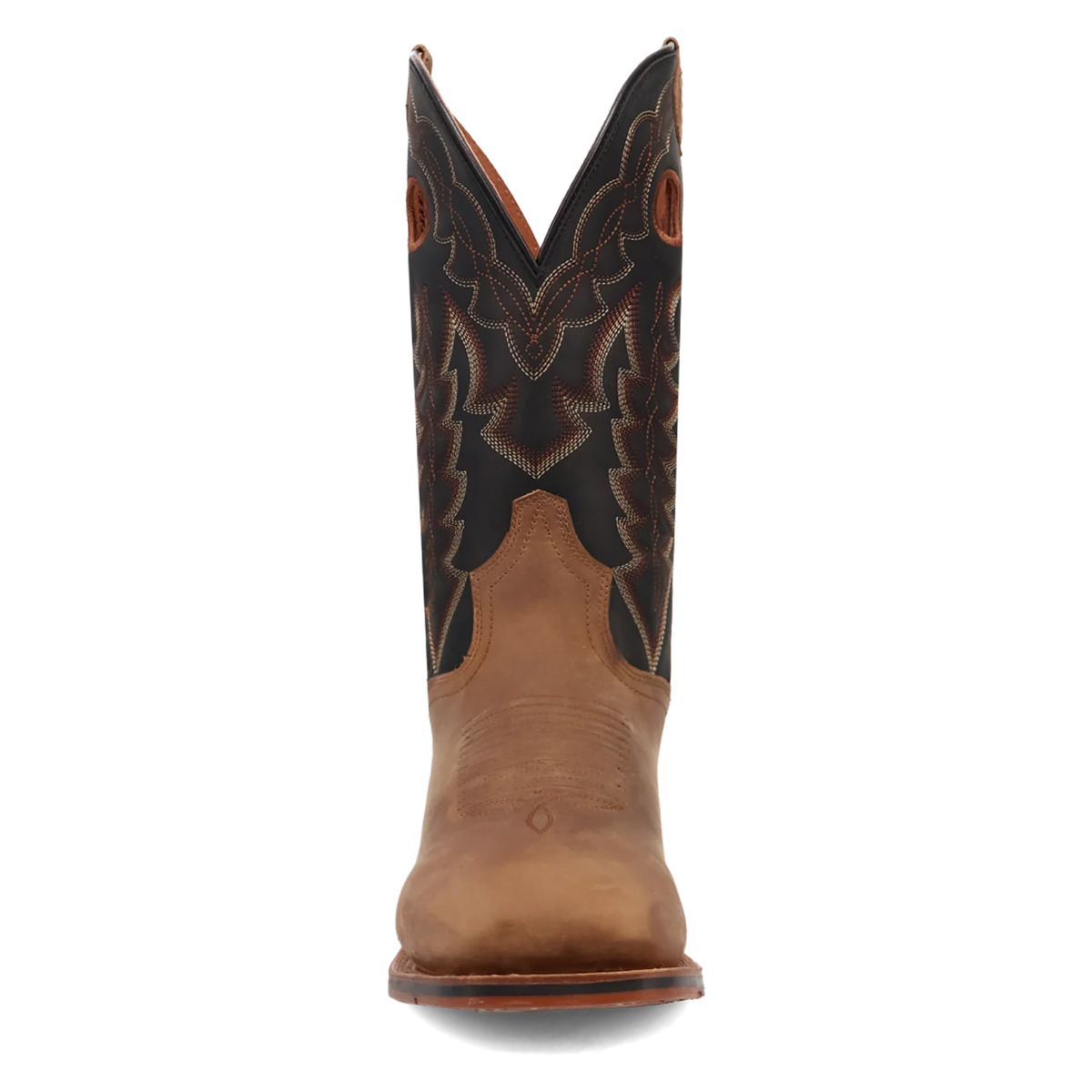 A single cowboy boot shown from the front on a plain white background. The boot has a tan leather foot and a black shaft with brown and tan western embroidery.