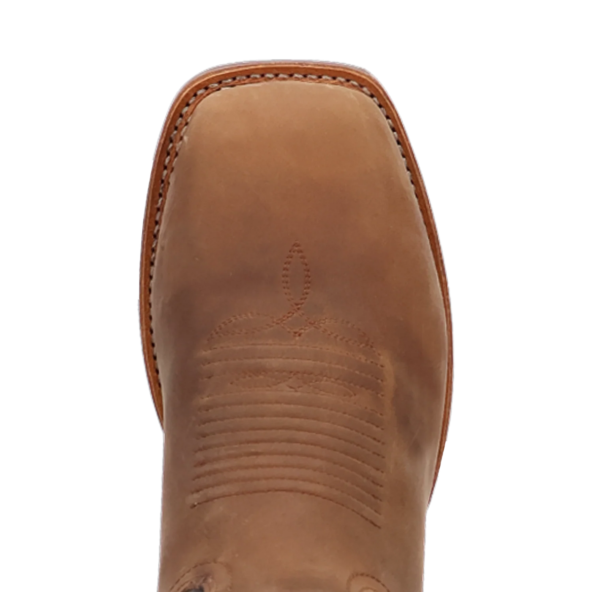 Close-up top-down view of a light brown leather boot toe showing the square vamp, stitched edge, and decorative embossed stitching on a white background.
