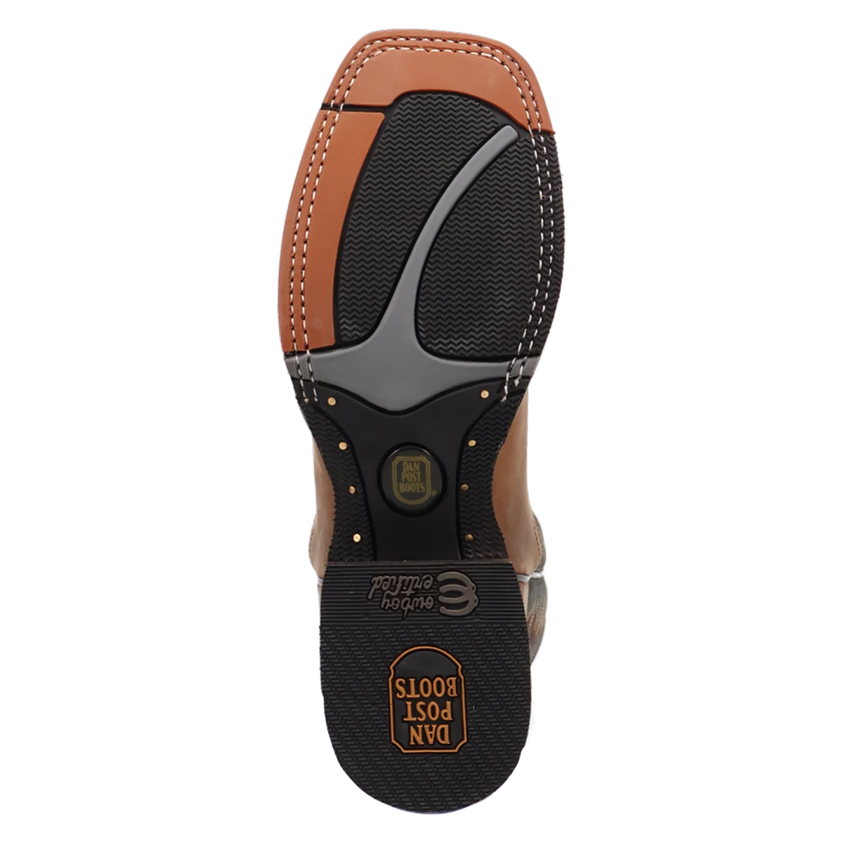 The outsole of a brown leather boot with black and gray tread, featuring the 'FUTURE POST BOOTS' branding on the heel.