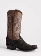 Brown cowboy boot with intricate white embroidery on a white background