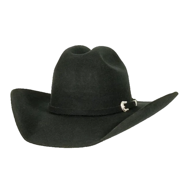 Black cowboy hat with a silver buckle on a white background