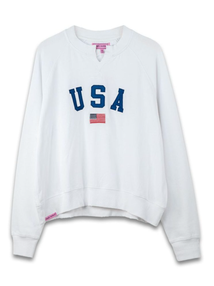 White sweatshirt with 'USA' and American flag on a white background