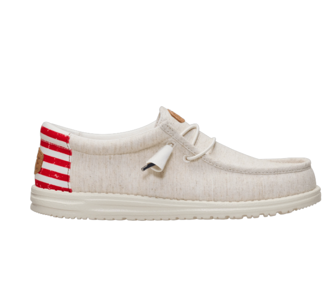 White shoe with red and blue accents on a white background