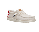 white hey dude with red and white stripes on heel. on a white background
