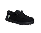 Black slip-on shoe with a green accent on a white background
