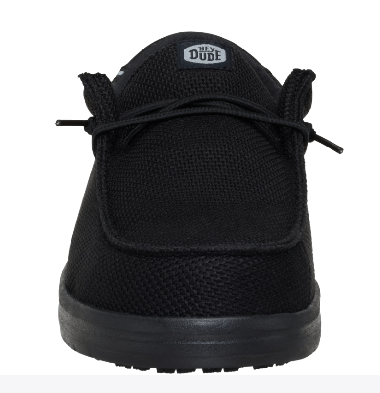 Black sneaker with 'Hey Dude' branding on a white background