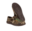 Camouflage shoe with brown laces and sole on a white background