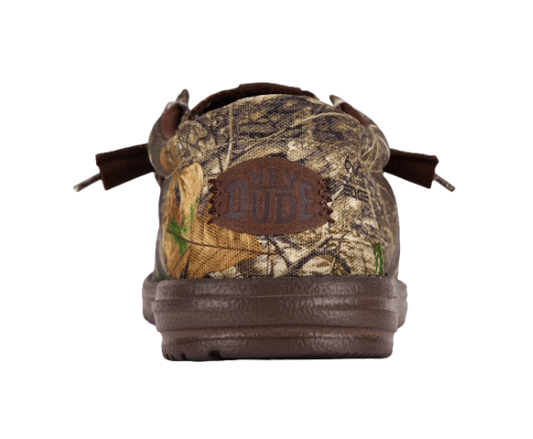 Camouflage shoe with 'New Dude' logo on a white background