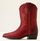 A single red leather cowboy boot with decorative red embroidery on the shaft, shown in a side profile against a light beige background.