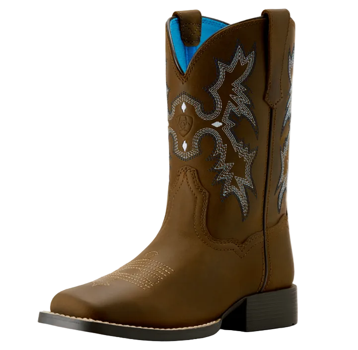 A brown leather western cowboy boot with silver embroidered floral patterns on the shaft, a square toe, and a low stacked heel, shown against a plain white background.